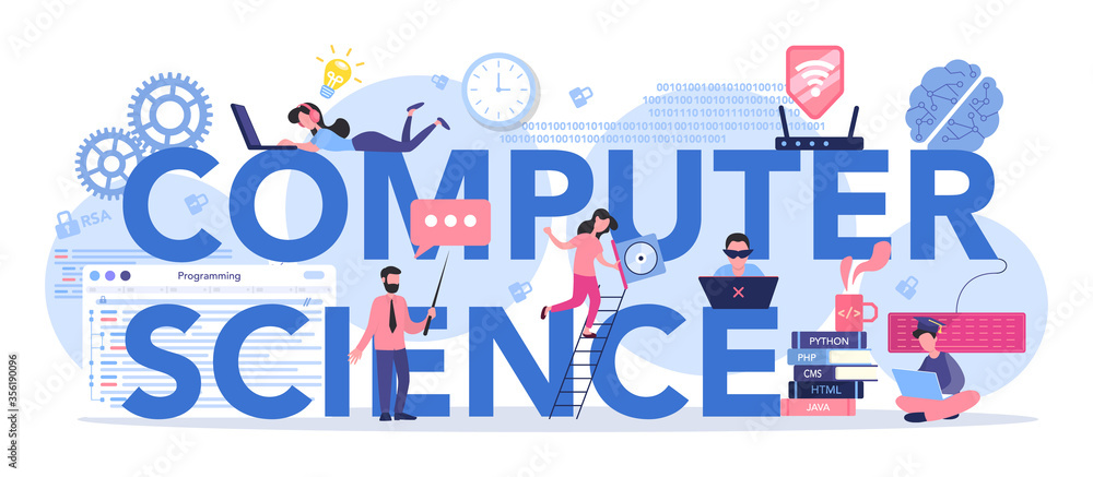 Poster computer science typographic header concept. student write software