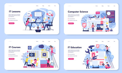 IT education web banner or landing page set. Student write software