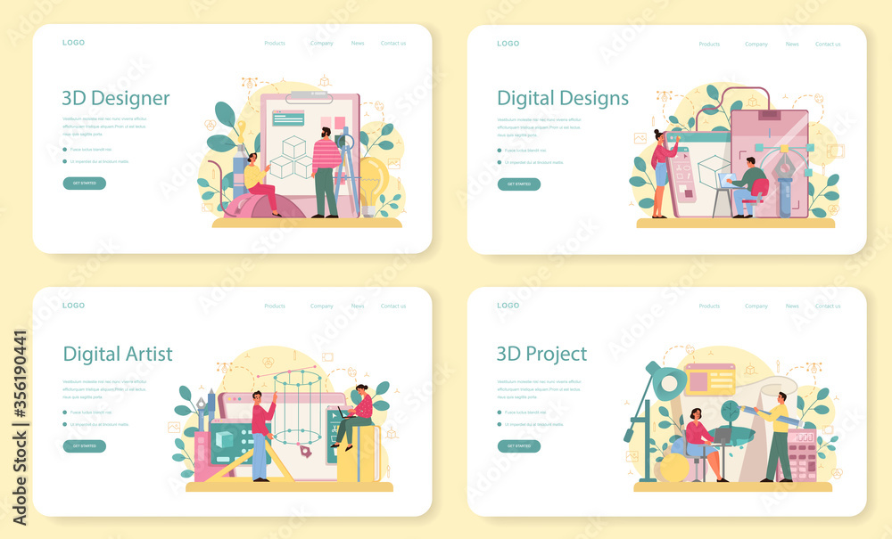 Poster designer 3d modeling web banner or landing page set. digital