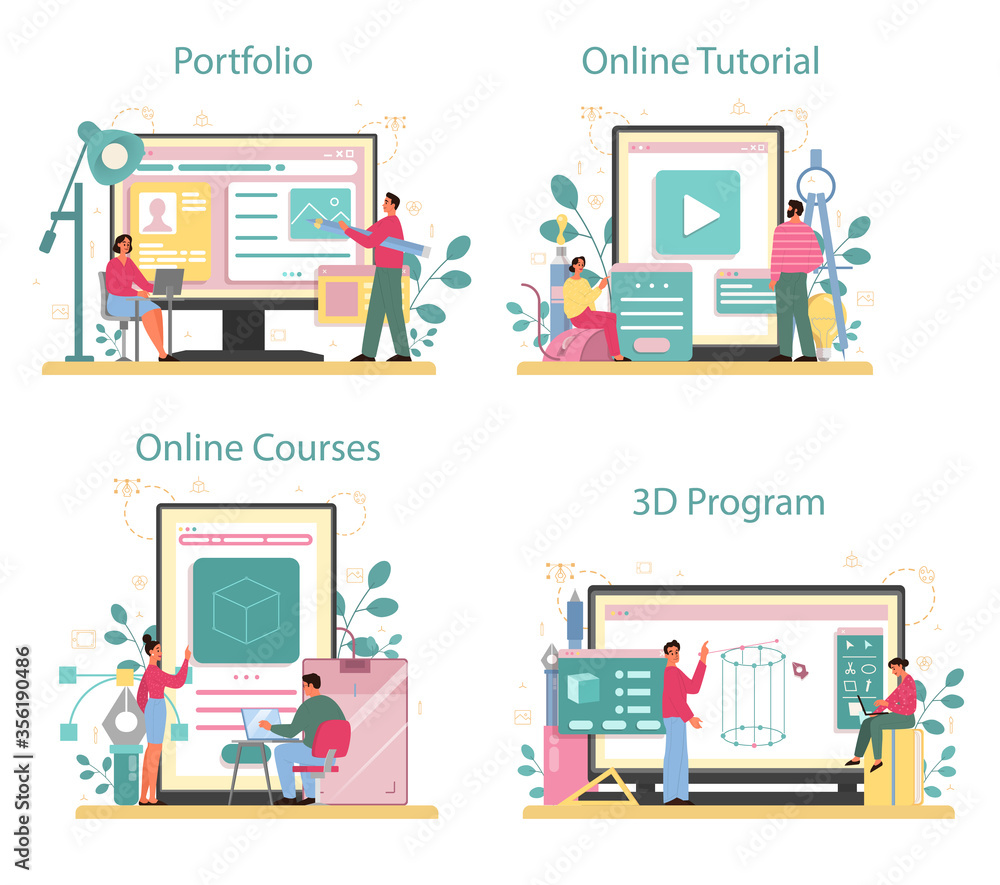 Poster designer 3d modeling web banner or landing page set. digital