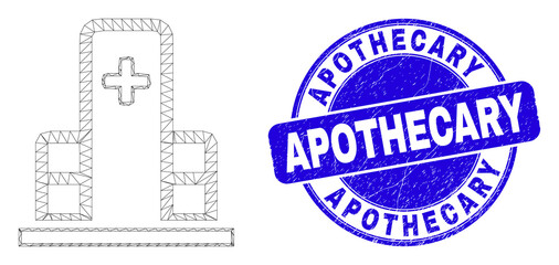 Obraz premium Web carcass clinic building pictogram and Apothecary seal stamp. Blue vector rounded textured seal stamp with Apothecary title.