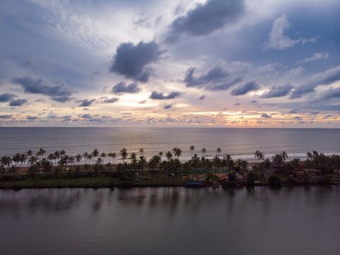 Aerial shot of Kappil Beach, Paravur at sunset