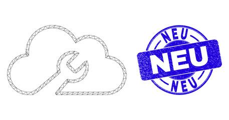 Web carcass cloud wrench icon and Neu seal stamp. Blue vector rounded textured seal stamp with Neu caption. Abstract frame mesh polygonal model created from cloud wrench icon.