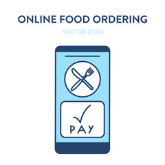Online food ordering icon. Vector concept illustration of mobile smartphone screen with a knife and fork symbol and payment image. Represents a concept of online food ordering. Can be used as a logo