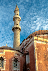 Fototapeta na wymiar Ottoman Mosque with Minaret in the walled Old Town of Rhodes Town, Greece