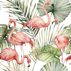 Watercolor tropical seamless pattern with pink flamingo and palm leaves. Hand painted birds and jungle leaves. Floral illustration isolated on white background for design, print or background.
