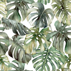 Watercolor big seamless pattern with tropical monstera. Hand painted exotic leaves and branches isolated on white background. Floral spring illustration for design, print, fabric or background.