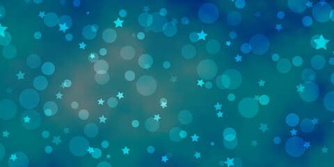 Light BLUE vector pattern with circles, stars. Abstract illustration with colorful shapes of circles, stars. Pattern for trendy fabric, wallpapers.