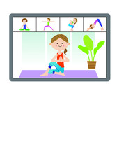 zoomでオンラインヨガをする女性とタブレット