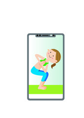 スマートフォンの画面に映ったパブリッタ・ウトカタ・アーサナ（ねじった椅子のポーズ）をする女性