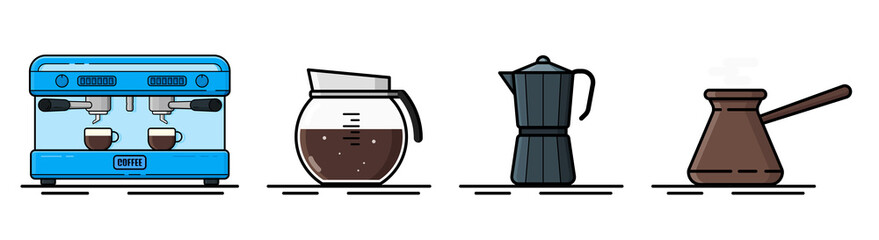 Coffee MakerCoffee icons, flat design. A set of cups. Vector set of various coffee machines and coffee machines. Flat style.