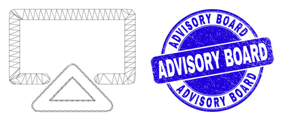 Web carcass display icon and Advisory Board seal. Blue vector rounded scratched seal with Advisory Board phrase. Abstract carcass mesh polygonal model created from display icon.