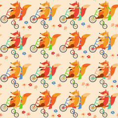 Seamless pattern with foxes on bicycles and flowers. Animalistic vector background. Can be used for wallpapers, pattern fills, textile, surface textures