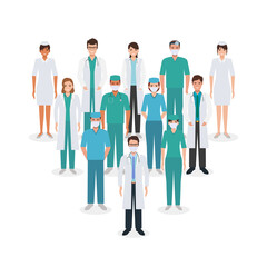 Group of doctor and nurse standing together to fight corona virus pandemic in flat icon design