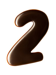 Number 2 made of chocolate syrup isolated on white background. Number two written by liquid chocolate, top view