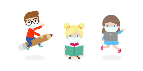 new normal lifestyle for Back to school concept. happy children wearing face mask protect coronavirus 2019 nCoV or covid-19, group of kids and friends at school isolated background 
