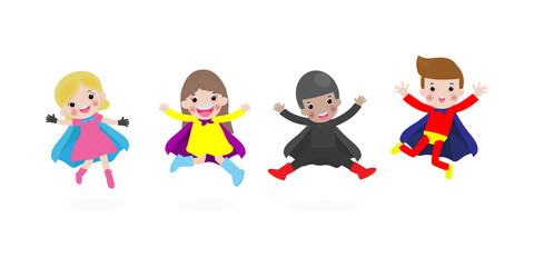 Cartoon set of Kids Super heroes wearing comics costumes. children in Superhero costume characters isolated on white background, vector illustration