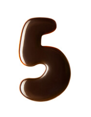 Number 5 made of chocolate syrup isolated on white background. Number five written by liquid chocolate, top view