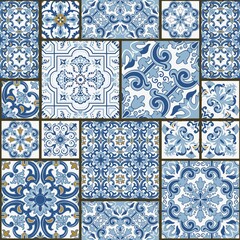 Majolica pottery tile, blue and white azulejo, original traditional Portuguese and Spain decor. Seamless patchwork tile with Victorian motives. Vector illustration.