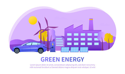 Urban green energy concept using wind turbines with a car charging at the charging station and copy space for text, colored vector illustration