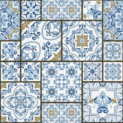 Majolica pottery tile, blue and white azulejo, original traditional Portuguese and Spain decor. Seamless patchwork tile with Victorian motives. Vector illustration.