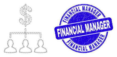 Web mesh dollar clients structure icon and Financial Manager seal stamp. Blue vector round textured stamp with Financial Manager text.