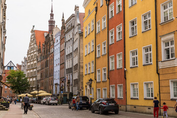 Gdansk, Poland - Juny, 2019: The Long Lane street in Gdansk. Architecture of the old town in Gdansk with city hall.