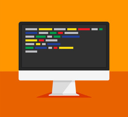 Computer monitor with code on a display. Web developer, design, programming. Coding concept. Isolated vector illustration.	