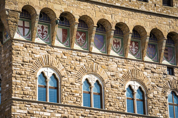 Famous tower of "Palazzo Vecchio" detail, Florence, Tuscany, Italy.