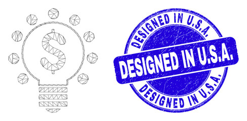 Web carcass dollar light bulb icon and Designed in U.S.A. seal stamp. Blue vector rounded distress watermark with Designed in U.S.A. phrase.