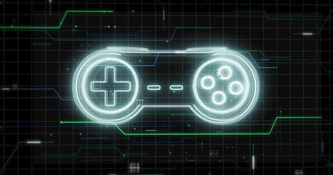 Glowing technical lines form game controller - gamepad hologram on a black background. Gaming intro, esports, gaming channel. Static shot