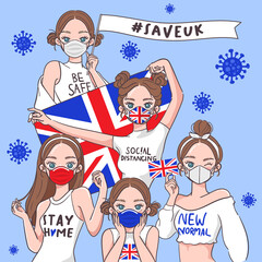 Vector Illustration for Campaign on Covid-19 Prevention : Set of pretty girls wearing medical mask and holding national flag