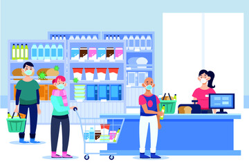 People should wear face masks and maintain social distancing, almost 2meteres or more while standing in the queue at the supermarket billing counter, to stop spreading covid-19 coronavirus.