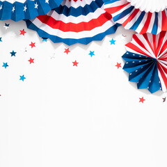 Obraz premium 4th of July American Independence Day. Happy Independence Day. Red, blue and white star confetti, paper decorations on white background. Flat lay, top view, copy space, square