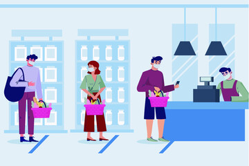 Supermarket or store interior with shelves and goods, groceries, cash desk and cashier. Men and women buyers, cart products. Big shopping center. Vector, illustration, isolated, cartoon style