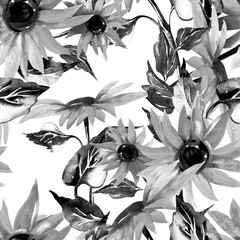 Sunflowers Seamless Pattern. Watercolor Floral Background.