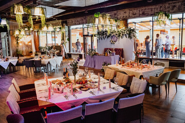 wedding decor, decoration for newlyweds, holiday decoration with flowers, holiday table, photo zone, Banquet hall, celebration, boho style