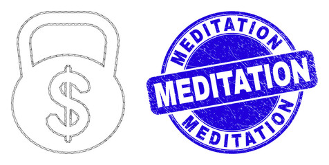 Web mesh dollar weight icon and Meditation stamp. Blue vector rounded grunge stamp with Meditation caption. Abstract carcass mesh polygonal model created from dollar weight pictogram.