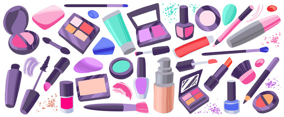 Makeup items set. Hand drawn colorful cosmetic elements.