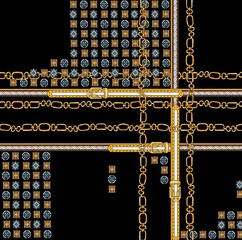 gold and black background, chains and belts pattern
