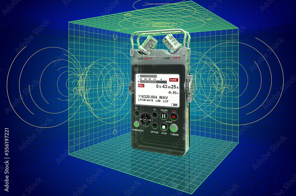 Poster digital voice recorder, dictaphone visualization 3d cad model, blueprint. 3d rendering