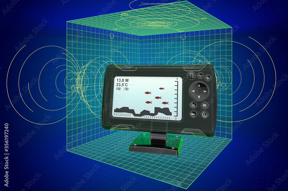 Poster fish finder, visualization 3d cad model, blueprint. 3d rendering