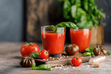 Tomato juice and fresh tomato with basil on rustic background