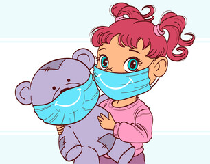 The little child wear a facemask and play with a toy, vector illustration