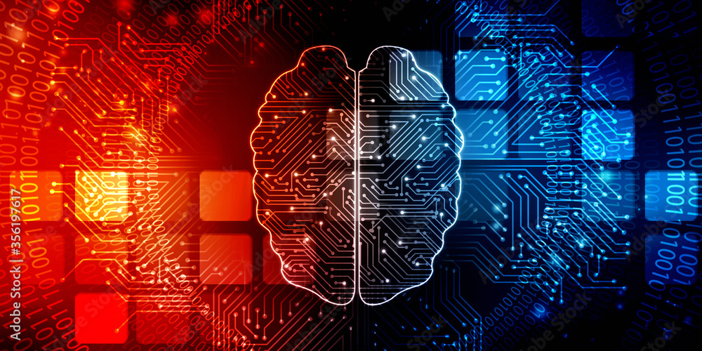 Poster 2d illustration concept of thinking, background with brain, abstract artificial intelligence. techno