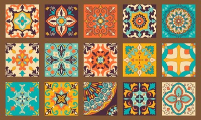 Collection of 15 seamless colorful tiles with Islam, Arabic, Indian, Mexican motifs. Majolica pottery tile. Portuguese and Spain decor. Ceramic tiles. Vector illustration