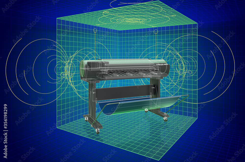 Aufkleber wide format printer, visualization 3d cad model, blueprint. 3d rendering