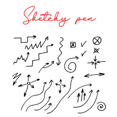 Set of sketchy arrows,spirals, cross, check sign, hand drawn with fountain pen.