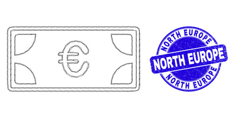 Web mesh euro banknotes income icon and North Europe stamp. Blue vector round distress seal stamp with North Europe title.