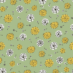Dandelion flower and seeds childish seamless pattern, floral pattern on green background. Texture for - fabric, wrapping, textile, wallpaper, apparel. 